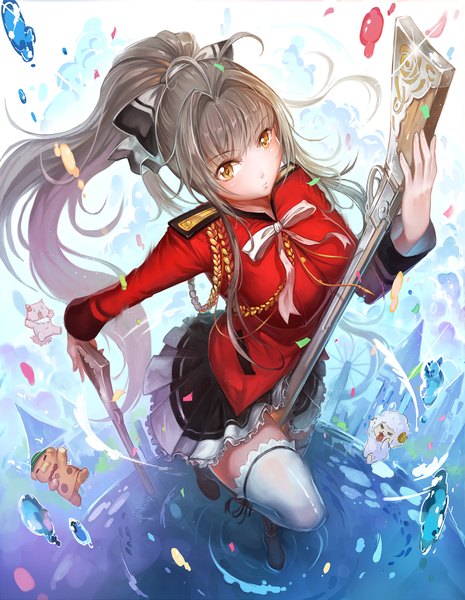 Anime picture 1200x1547 with amagi brilliant park kyoto animation sento isuzu moffle (amaburi) tiramii (amaburi) macaron (amagi brilliant park) wuguiex long hair tall image blush fringe open mouth brown hair brown eyes cloud (clouds) bent knee (knees) ponytail eyes closed pleated skirt horn (horns)