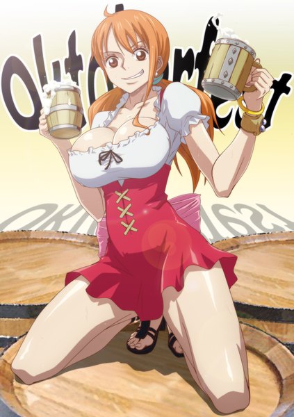 Anime picture 1080x1530 with one piece toei animation nami (one piece) kyabakurabakufu single long hair tall image looking at viewer fringe breasts light erotic simple background smile hair between eyes large breasts twintails holding brown eyes payot cleavage