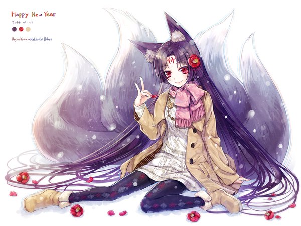 Anime picture 1600x1200 with original pixiv fantasia pixiv fantasia sword regalia hagino kouta single looking at viewer black hair simple background smile red eyes white background sitting signed full body bent knee (knees) tail very long hair hair flower arm support fur trim