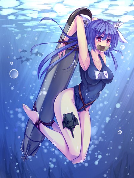 Anime picture 1000x1333 with kantai collection i-19 submarine maullarmaullar single long hair tall image blush fringe breasts light erotic hair between eyes red eyes blue hair full body erect nipples symbol-shaped pupils covered nipples underwater bondage heart-shaped pupils