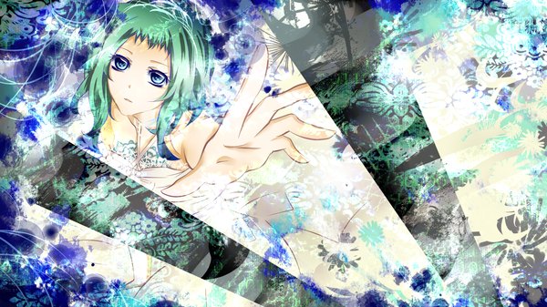 イラスト 2400x1350 と ボーカロイド gumi 蝶夜 ソロ カメラ目線 highres 短い髪 青い目 wide image green hair 女の子 ドレス