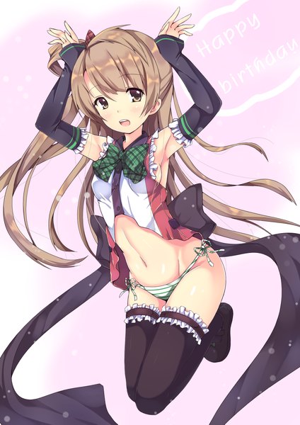 Anime picture 3307x4677 with love live! school idol project sunrise (studio) love live! minami kotori erimu single long hair tall image looking at viewer highres open mouth light erotic brown hair brown eyes absurdres one side up girl thighhighs navel underwear