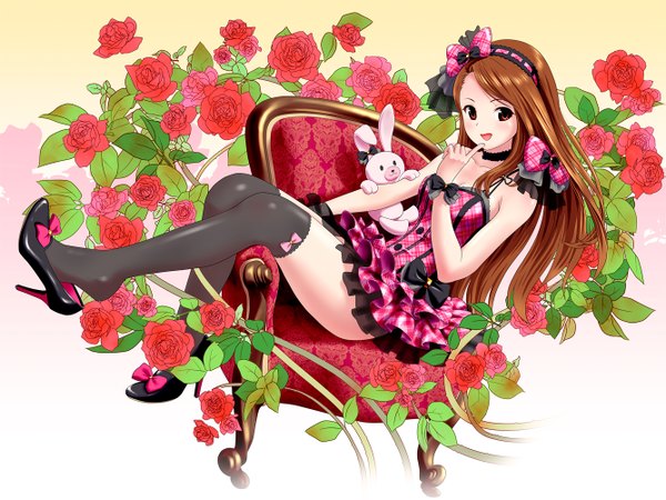 Anime picture 1333x1000 with idolmaster minase iori ponnetsu single long hair looking at viewer brown hair full body orange eyes finger to mouth shoe dangle girl thighhighs dress flower (flowers) bow black thighhighs rose (roses) red rose bunny