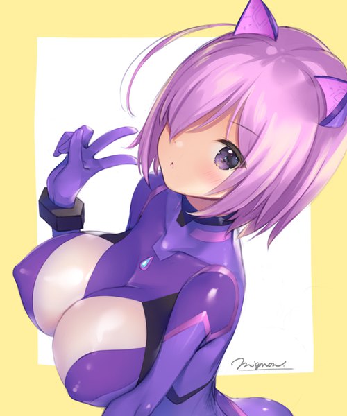 Anime picture 700x840 with motto! haramase! honoo no oppai isekai ero mahou gakuen! fee kissethermit mignon single tall image looking at viewer blush fringe short hair breasts light erotic simple background large breasts purple eyes signed animal ears pink hair upper body ahoge from above