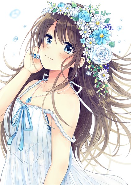 Anime picture 2894x4093 with original sakura oriko single long hair tall image looking at viewer blush fringe highres blue eyes simple background smile hair between eyes brown hair bare shoulders payot nail polish wind blurry sleeveless