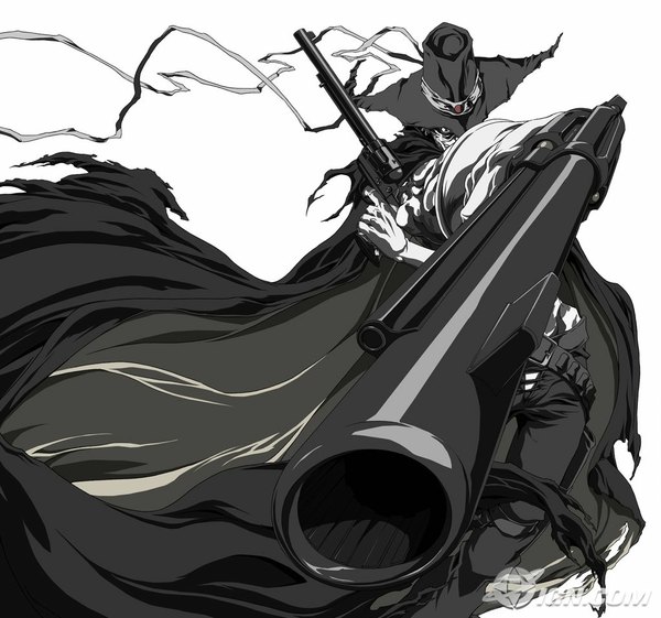 Anime picture 1024x959 with afro samurai single looking at viewer short hair black hair simple background white background monochrome hat over eyes boy weapon hat cloak pistol flag japanese flag