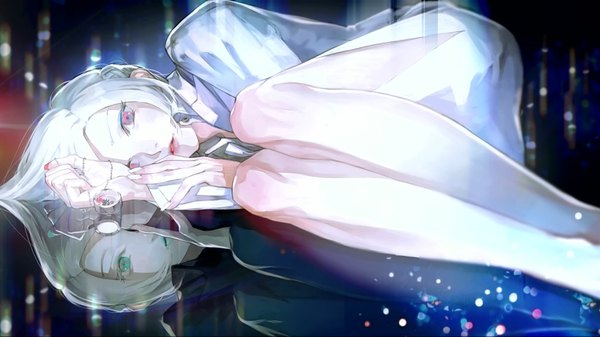 Anime picture 1680x946 with tokyo ghoul studio pierrot mado akira nishihara isao single long hair looking at viewer fringe wide image bent knee (knees) white hair lying pink eyes fingernails blurry bare legs lipstick lens flare on side reflection