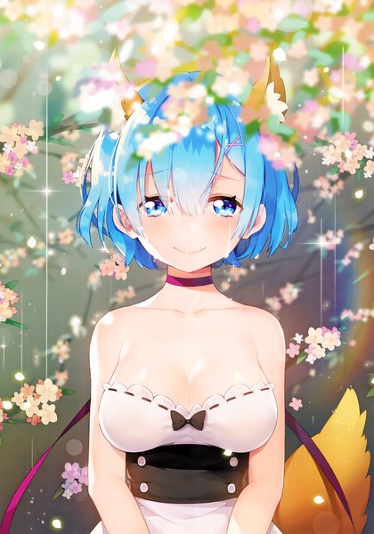 Anime picture 2400x3424 with re:zero kara hajimeru isekai seikatsu white fox rem (re:zero) ayami (annahibi) single tall image looking at viewer blush fringe highres short hair breasts blue eyes smile hair between eyes large breasts standing bare shoulders animal ears blue hair