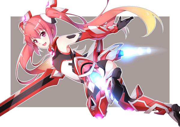 Anime picture 1200x848 with ore twintail ni narimasu production ims tail red mitsuka souji ello-chan single long hair open mouth light erotic red eyes twintails red hair girl gloves hair ornament weapon sword elbow gloves bodysuit
