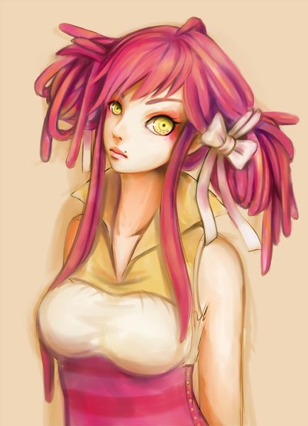 Anime picture 800x1105 with original yanniplum single long hair tall image looking at viewer breasts simple background yellow eyes pink hair lips mole sleeveless eyeshadow girl hair ornament bow hair bow