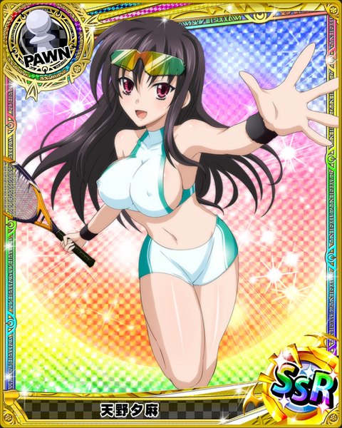 Anime picture 640x800 with highschool dxd raynare (dxd) single long hair tall image looking at viewer breasts open mouth light erotic black hair large breasts purple eyes midriff card (medium) girl navel uniform sunglasses gym uniform tennis uniform