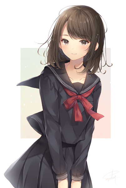 Anime picture 800x1191 with original noda shuha single long hair tall image looking at viewer blush fringe breasts simple background smile brown hair standing brown eyes long sleeves pleated skirt girl skirt uniform serafuku