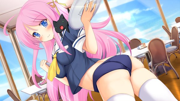 Anime picture 1024x576 with neko masshigura single long hair blush blue eyes light erotic smile wide image pink hair game cg ass girl thighhighs animal white thighhighs cat sailor suit