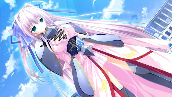 Anime picture 1280x720 with tiny dungeon (game) rosebleu note rumu single long hair blue eyes wide image game cg white hair girl dress