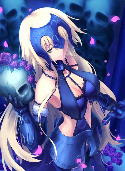 Anime picture 826x1122 with fate (series) fate/grand order fate/apocrypha jeanne d'arc (fate) (all) jeanne d'arc alter (fate) jeanne d'arc alter (avenger) (third ascension) (fate) gogatsu fukuin single long hair tall image fringe light erotic blonde hair holding yellow eyes looking away cleavage from above hair over one eye girl