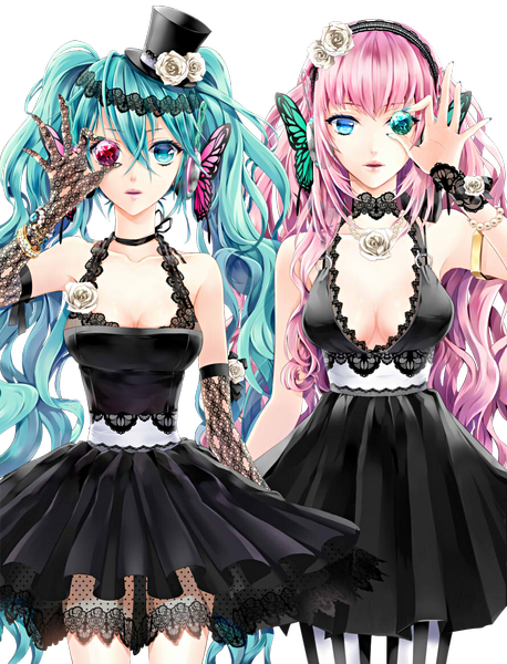 Anime picture 889x1166 with vocaloid hatsune miku megurine luka cocoon (loveririn) long hair tall image looking at viewer fringe blue eyes standing twintails bare shoulders multiple girls holding cleavage hair flower aqua eyes aqua hair sleeveless wavy hair