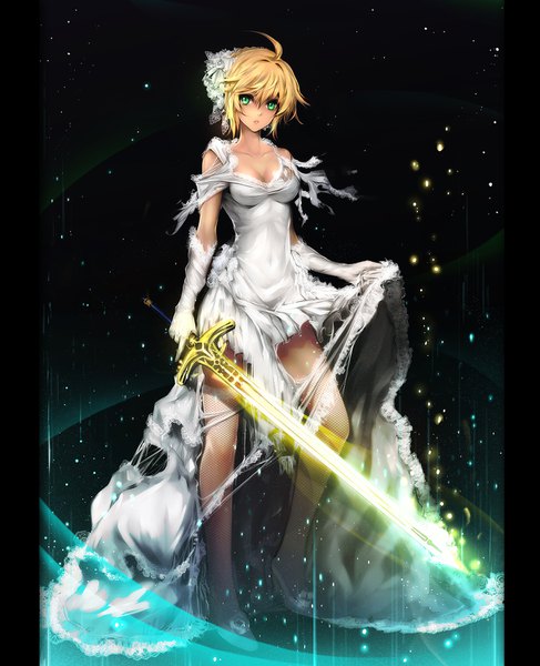 Anime picture 1218x1500 with fate (series) fate/grand order fate/stay night artoria pendragon (all) saber bba1985 single tall image looking at viewer fringe highres short hair breasts light erotic simple background blonde hair hair between eyes standing green eyes cleavage