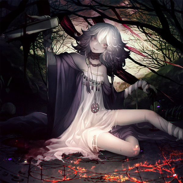 Anime picture 1300x1300 with original megusuri single long hair looking at viewer sitting bare shoulders holding sky bent knee (knees) white hair parted lips pink eyes fingernails bare legs torn clothes magic long fingernails blood stains girl