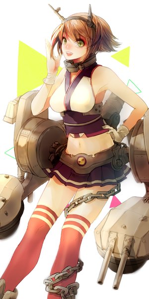 Anime picture 500x1000 with kantai collection mutsu battleship asuna (i luv) single tall image looking at viewer blush short hair open mouth brown hair bare shoulders green eyes hand on hip girl thighhighs skirt gloves navel miniskirt white gloves