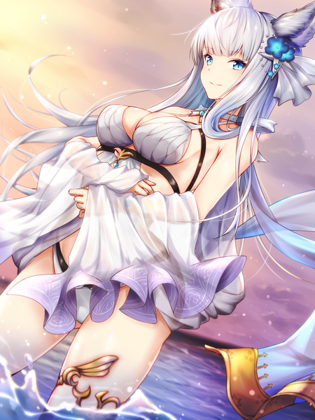 Anime picture 1500x2000 with granblue fantasy korwa (granblue fantasy) toki (toki ship8) single long hair tall image looking at viewer blush fringe breasts blue eyes light erotic smile standing bare shoulders animal ears sky cleavage silver hair cloud (clouds)