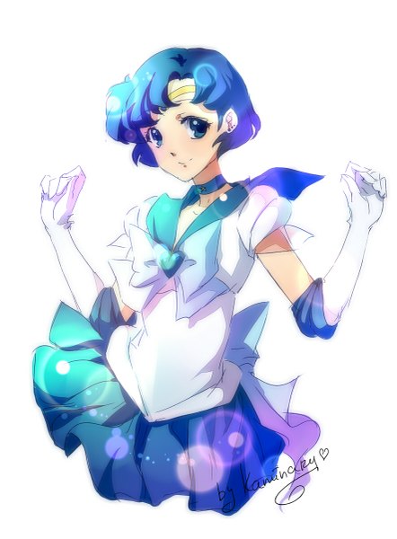 Anime picture 885x1200 with bishoujo senshi sailor moon toei animation mizuno ami sailor mercury kaminary single tall image short hair blue eyes simple background smile white background signed blue hair looking away girl gloves choker elbow gloves white gloves