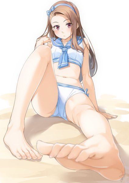 Anime picture 827x1169 with idolmaster idolmaster (classic) idolmaster million live! idolmaster million live! theater days minase iori miri (ago550421) single long hair tall image looking at viewer blush breasts light erotic simple background red eyes brown hair white background sitting signed full body