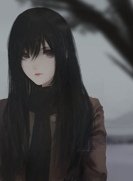 Anime picture 1177x1600 with original aoi ogata single long hair tall image looking at viewer fringe black hair hair between eyes signed upper body black eyes lipstick watermark portrait pink lipstick grey skin girl scarf buttons