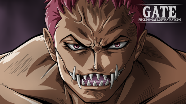 Anime picture 1280x720 with one piece toei animation charlotte katakuri pisces-d-gate single looking at viewer short hair open mouth red eyes wide image signed red hair teeth fang (fangs) scar eyebrows face muscle angry sharp teeth