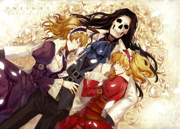 Anime picture 1000x719 with unlight sheri donita walken cha (pixiv) long hair short hair black hair blonde hair brown hair twintails multiple girls cleavage lying eyes closed profile inscription hug short twintails sleeping