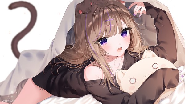 Anime picture 1536x864 with original leo (mafuyu) mafuyu (chibi21) single long hair looking at viewer blush fringe open mouth simple background smile brown hair wide image white background purple eyes signed animal ears tail lying long sleeves