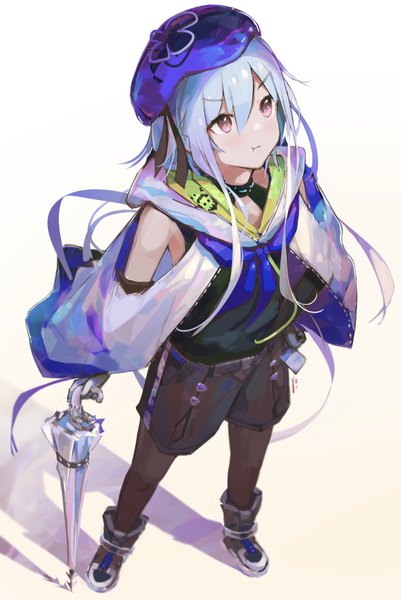 Anime picture 1191x1783 with arknights mizuki (arknights) jushoro single tall image fringe simple background hair between eyes white background purple eyes bare shoulders blue hair full body very long hair from above shadow otoko no ko closed umbrella boy pantyhose