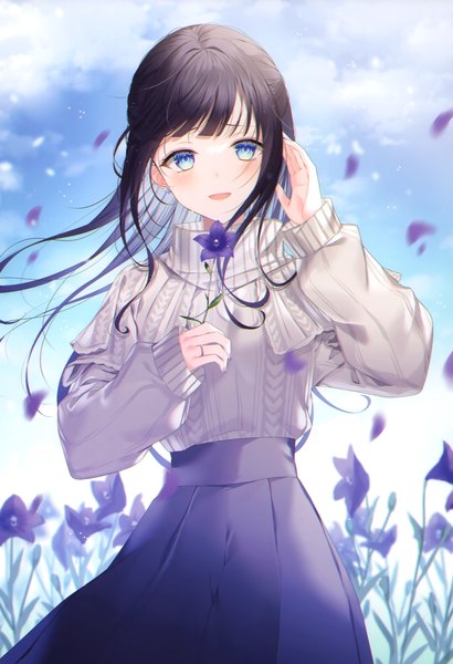 Anime picture 2381x3483 with original myusha single long hair tall image looking at viewer blush fringe highres open mouth blue eyes black hair smile standing holding payot sky cloud (clouds) outdoors blunt bangs