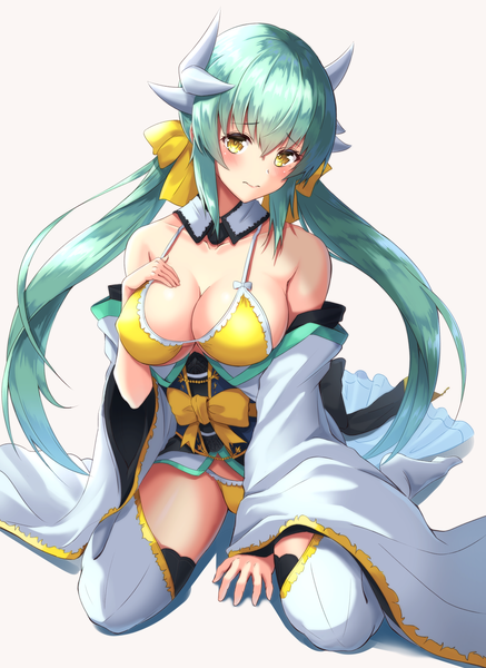 Anime picture 2480x3401 with fate (series) fate/grand order kiyohime (fate) kiyohime (swimsuit lancer) (fate) furan (pixiv20237436) single long hair tall image looking at viewer blush fringe highres breasts light erotic simple background hair between eyes large breasts sitting twintails bare shoulders