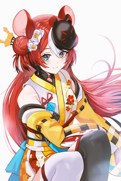 Anime picture 1200x1800 with virtual youtuber hololive hololive english hakos baelz anizi single long hair tall image blush fringe blue eyes simple background smile hair between eyes white background bare shoulders animal ears looking away red hair traditional clothes