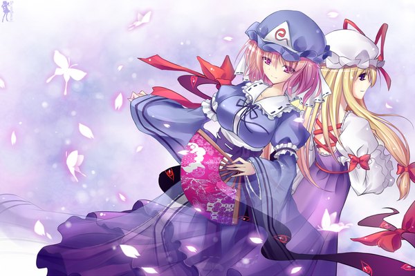 Anime picture 1125x750 with touhou yakumo yukari saigyouji yuyuko silversirius long hair short hair blonde hair purple eyes multiple girls pink hair pink eyes back to back girl bow 2 girls hair bow hat petals insect butterfly