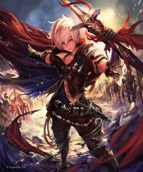 Anime picture 1500x1800 with shingeki no bahamut tachikawa mushimaro (bimo) single tall image fringe short hair hair between eyes standing holding brown eyes white hair blurry depth of field torn clothes outstretched arm boy weapon sword belt armor