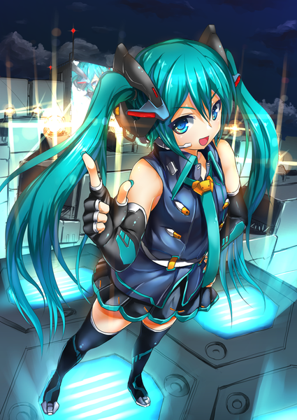 Anime picture 1003x1416 with vocaloid hatsune miku tadano magu single long hair tall image looking at viewer open mouth blue eyes standing twintails bare shoulders cloud (clouds) full body nail polish pleated skirt arm up fingernails from above night