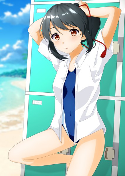 Anime picture 2121x2994 with kimi no na wa miyamizu mitsuha shugo19 single long hair tall image looking at viewer highres open mouth black hair signed bent knee (knees) ponytail parted lips open clothes orange eyes open shirt depth of field beach hairdressing