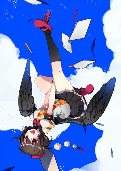 Anime picture 800x1130 with touhou shameimaru aya dasulchan single tall image looking at viewer short hair open mouth black hair red eyes girl dress hat wings socks black socks feather (feathers) tengu-geta