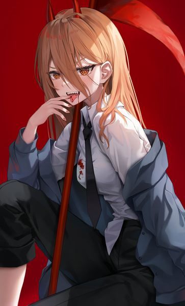 Anime picture 1200x1985 with chainsaw man mappa power (chainsaw man) shuvi (shuvi1125) single long hair tall image fringe simple background hair between eyes sitting looking away horn (horns) orange hair off shoulder teeth orange eyes red background sharp teeth bloody clothes