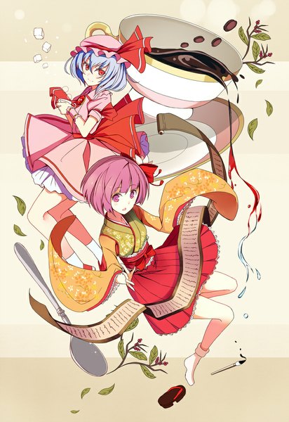 Anime picture 700x1019 with touhou remilia scarlet hieda no akyuu nakaichi (ridil) tall image looking at viewer blush fringe short hair open mouth smile red eyes purple eyes multiple girls blue hair purple hair traditional clothes japanese clothes girl dress