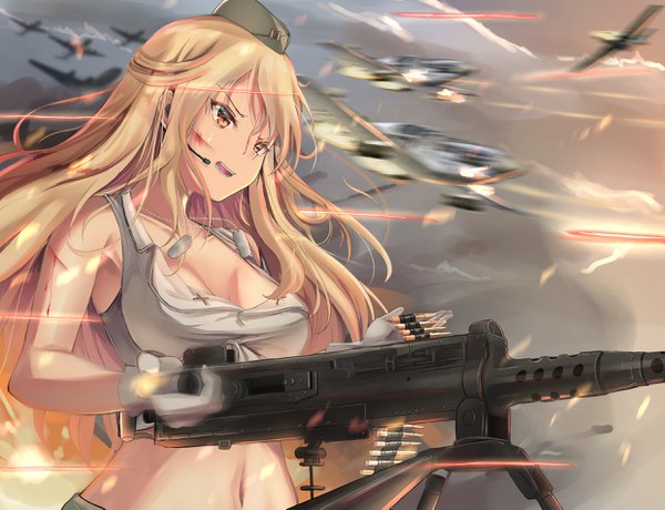 Anime picture 2480x1905 with girls frontline m2hb (girls frontline) septet (zrca janne) single long hair fringe highres breasts open mouth blonde hair hair between eyes looking away cleavage cloud (clouds) upper body wind blurry armpit (armpits) orange eyes sleeveless