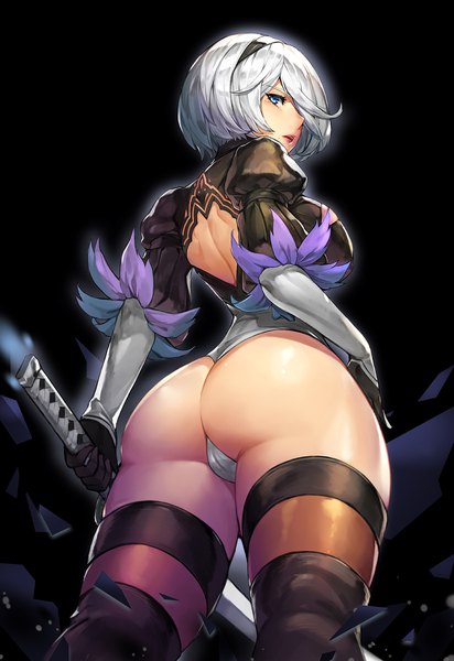 Anime picture 1320x1920 with nier nier:automata yorha no. 2 type b gurimjang single tall image looking at viewer blush fringe short hair breasts open mouth blue eyes light erotic simple background large breasts standing holding silver hair ass