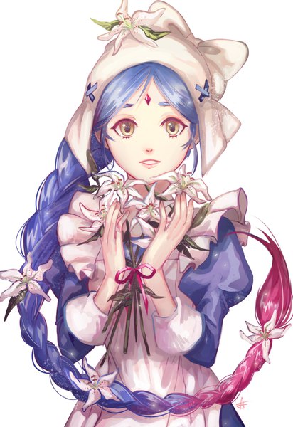 Anime picture 1280x1864 with fire emblem fire emblem fates lilith (fire emblem if) devil-ink single long hair tall image looking at viewer simple background white background holding yellow eyes blue hair pink hair upper body braid (braids) hair flower single braid gradient hair forehead mark