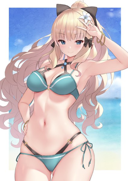Anime-Bild 850x1200 mit princess connect! re:dive princess connect! saren (princess connect!) rokuichinpo single long hair tall image looking at viewer blush fringe breasts blue eyes light erotic blonde hair smile large breasts standing payot sky cleavage