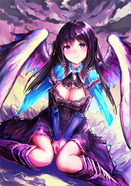Anime picture 708x1000 with original iori (cpeilad) single long hair tall image looking at viewer blush breasts smile sitting purple eyes purple hair wariza girl dress wings boots mantle