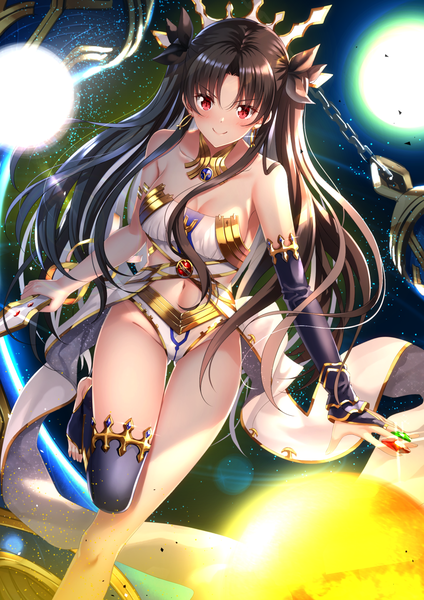 Anime picture 1102x1560 with fate (series) fate/grand order ishtar (fate) swordsouls single long hair tall image looking at viewer blush fringe breasts light erotic black hair smile hair between eyes red eyes standing bare shoulders holding cleavage