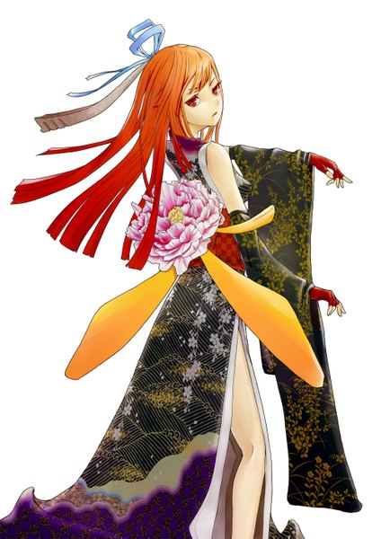 Anime picture 2000x2829 with original bring (pixiv-2502835) single long hair tall image looking at viewer highres simple background red eyes white background traditional clothes orange hair back spread arms girl thighhighs gloves flower (flowers) ribbon (ribbons) hair ribbon