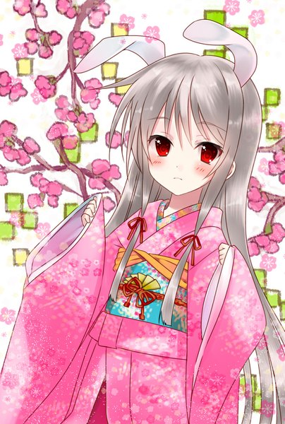 Anime picture 700x1038 with original yuuki rika single long hair tall image looking at viewer blush red eyes animal ears silver hair traditional clothes japanese clothes bunny ears cherry blossoms floral print girl plant (plants) tree (trees) kimono