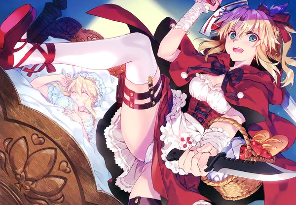 Anime picture 4873x3378 with fate (series) fate/grand order little red riding hood artoria pendragon (all) mordred (fate) artoria pendragon (lancer) carnelian long hair looking at viewer blush fringe highres short hair breasts open mouth light erotic blonde hair smile hair between eyes multiple girls